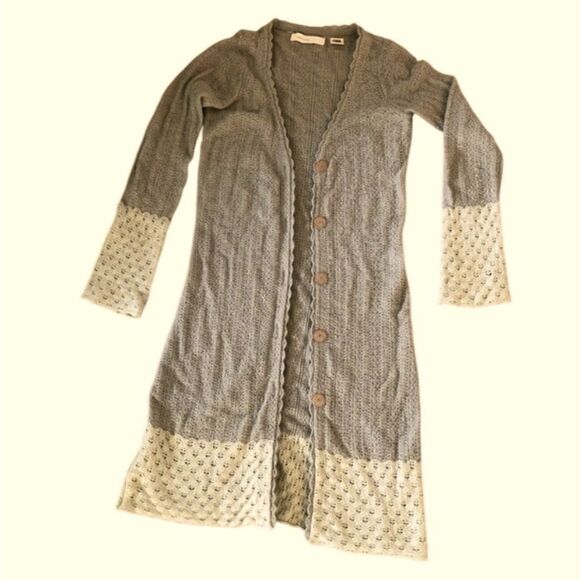 Sleeping On Snow Medium Pointelle Knit Long Cardigan Sage Angora Lamb Wool Blend - Picture 11 of 11